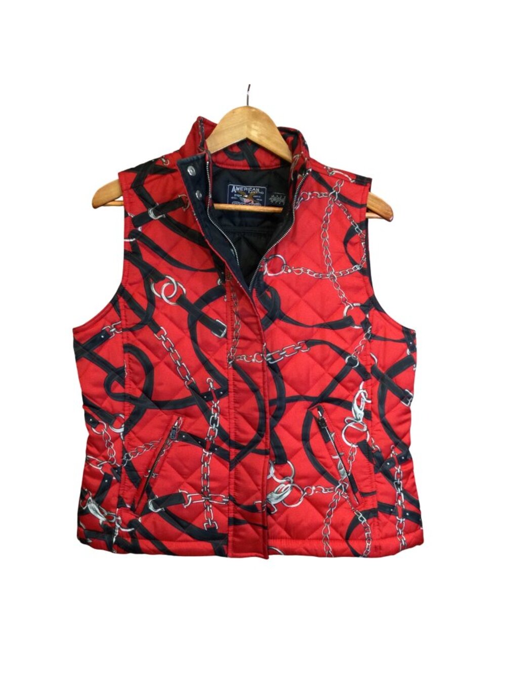 Womens Red Quilted Vest Chain Harness Print Size L Preppy Old Money Equestrian